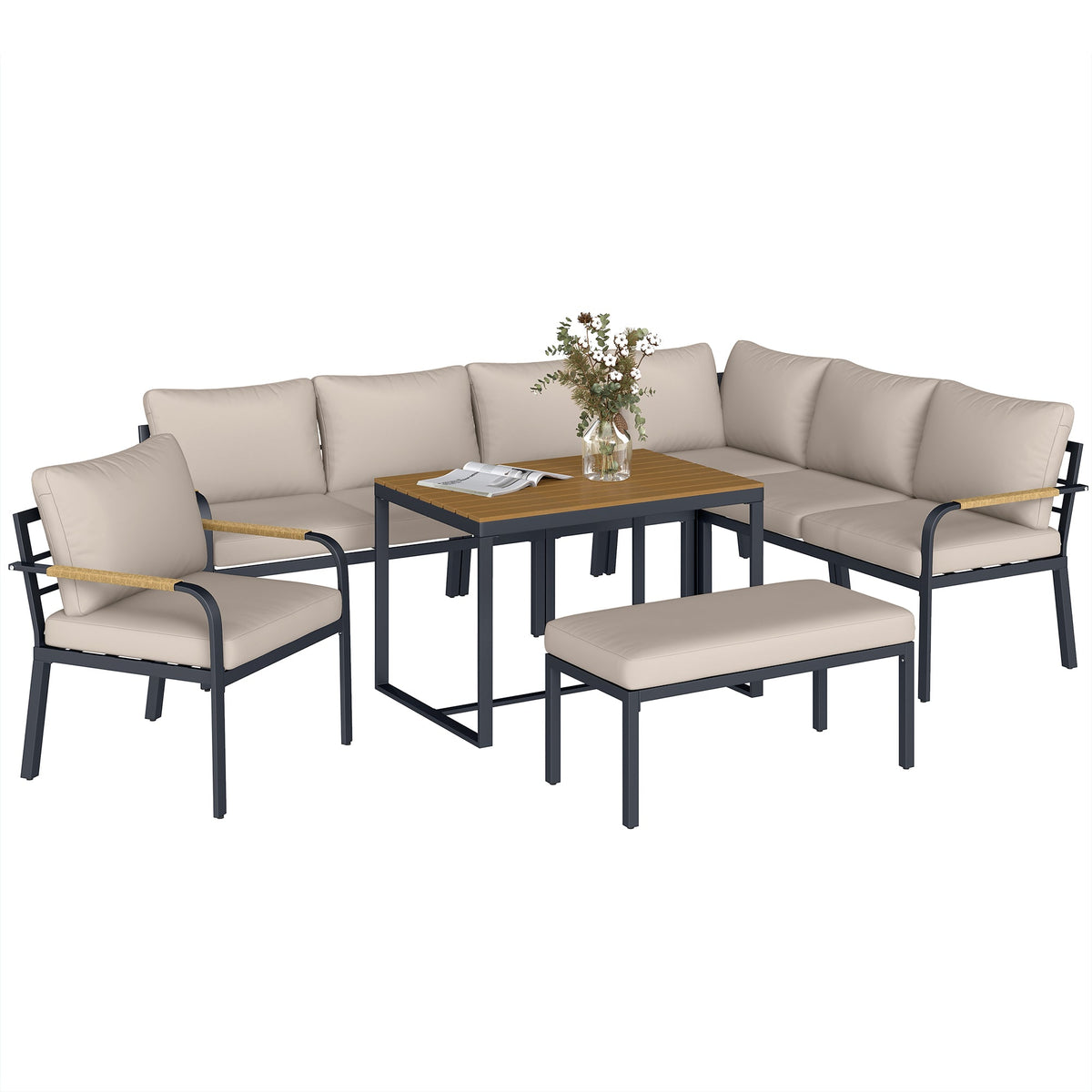 Ensemble mobilier de jardin 7 places avec table aspect bois, kaki