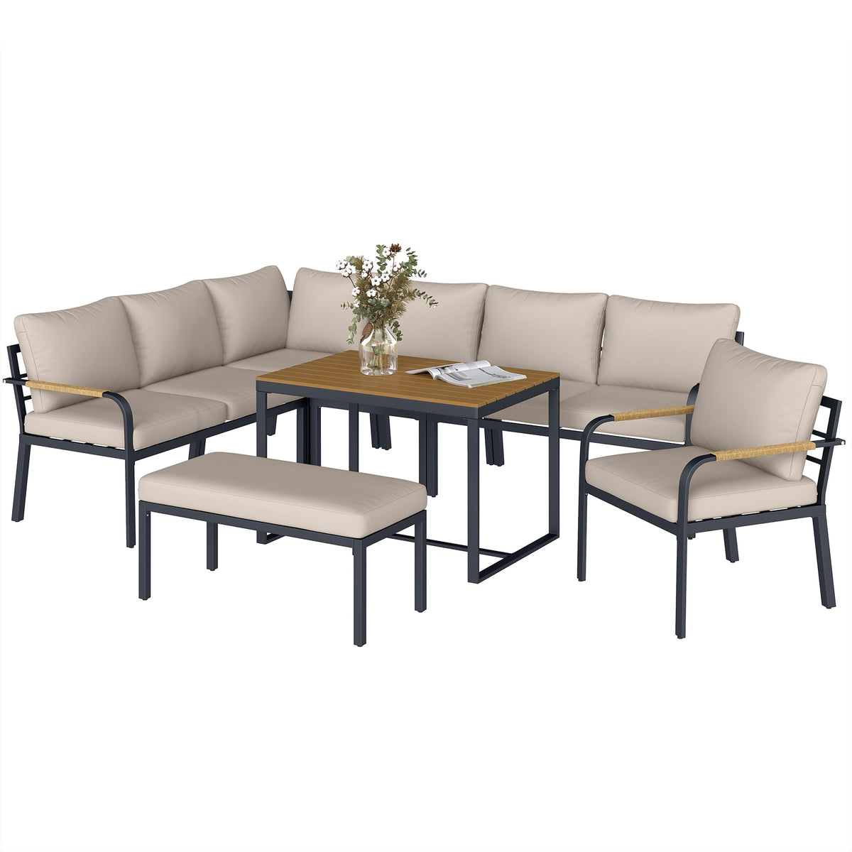 Ensemble mobilier de jardin 7 places avec table aspect bois, kaki