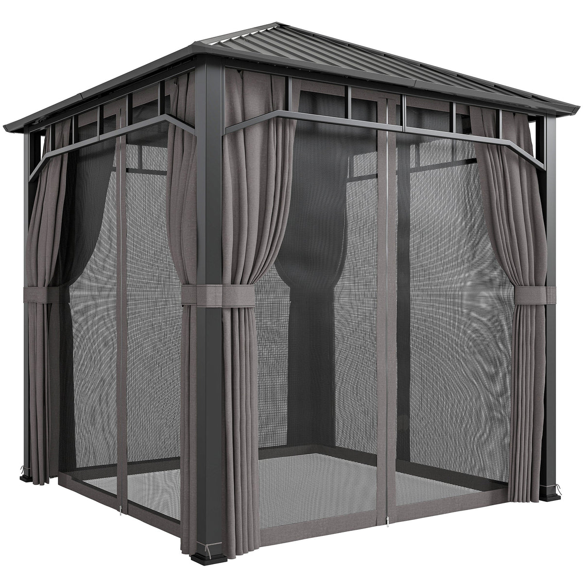 Pavillon à toit rigide 2.5 x 2.5 m avec toit galvanisé, moustiquaires et rideaux, gris foncé