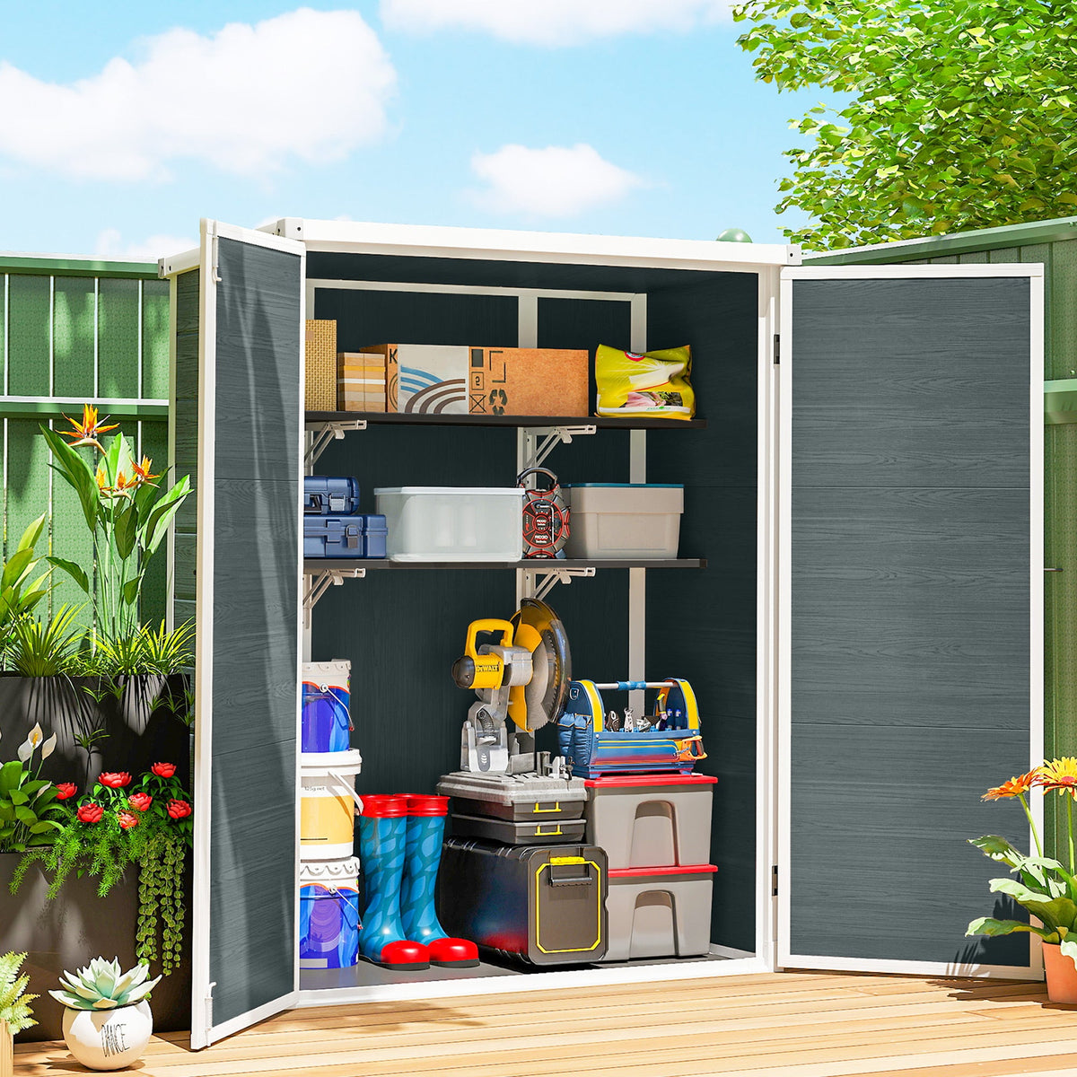 Abri de jardin en plastique 4.4' x 2.3' avec étagères et plancher, Distressed Grey