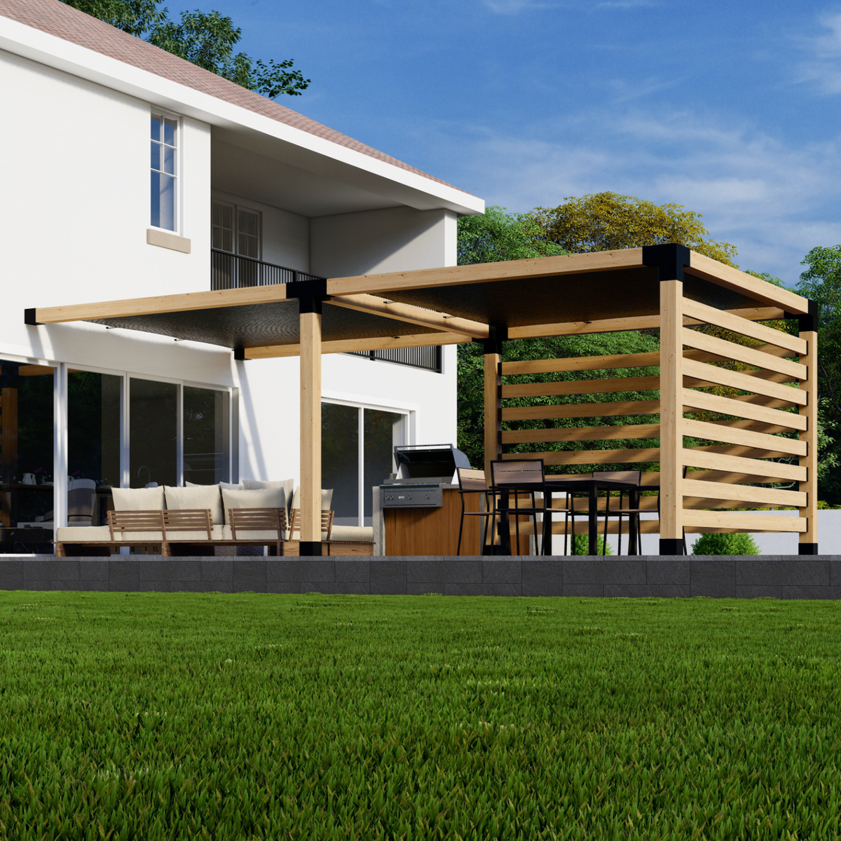 Kit pour pergola adossée avec toiles d’ombrage