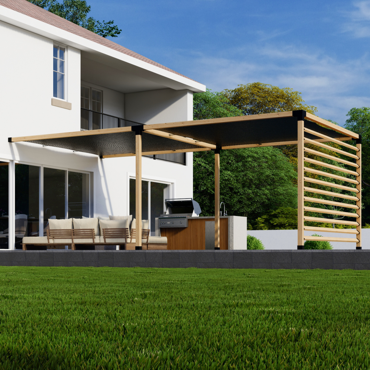 Kit de pergola murale avec voiles d’ombrage