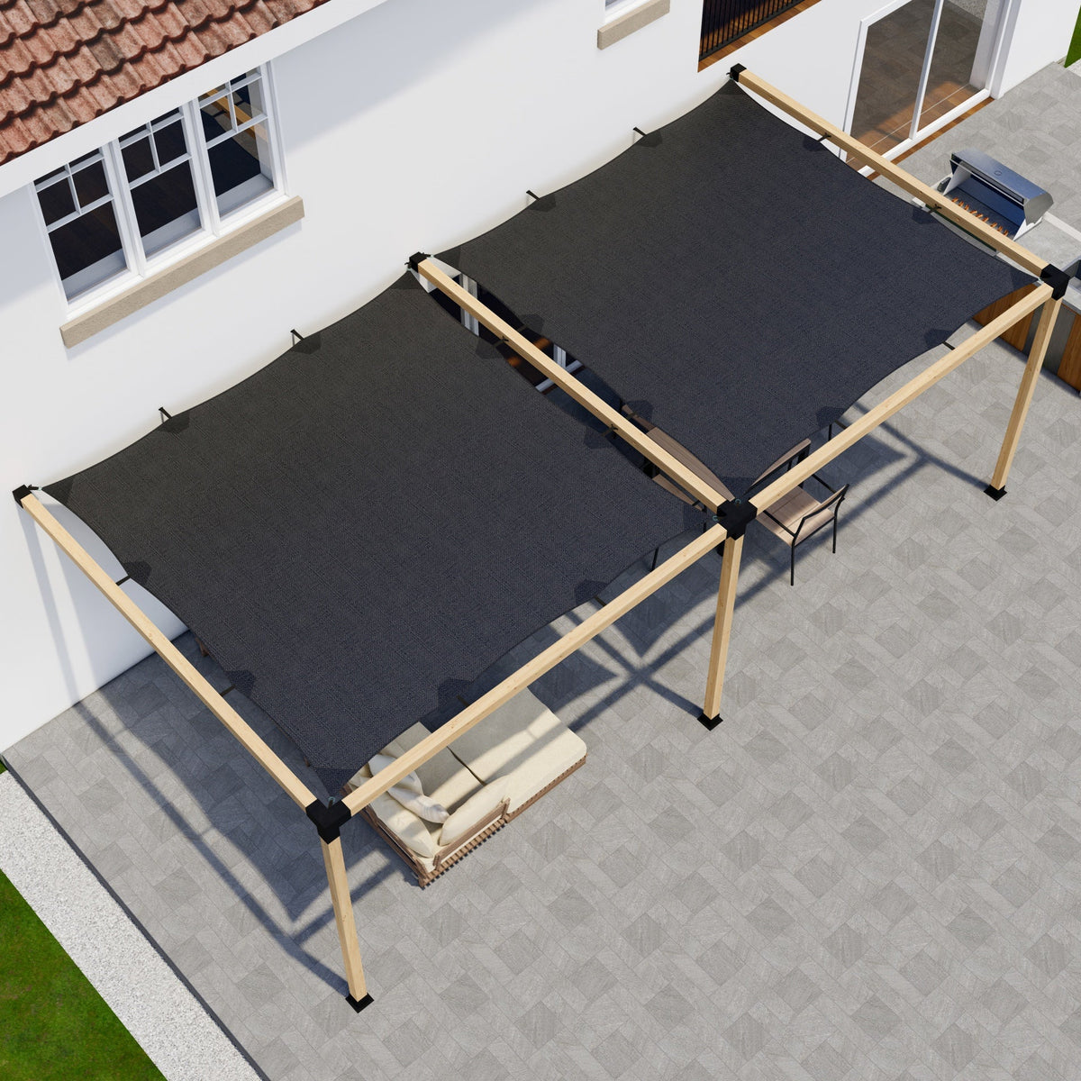 Kit DIY de pergola adossée avec toiles d’ombrage – Toute taille jusqu’à 24' x 12'