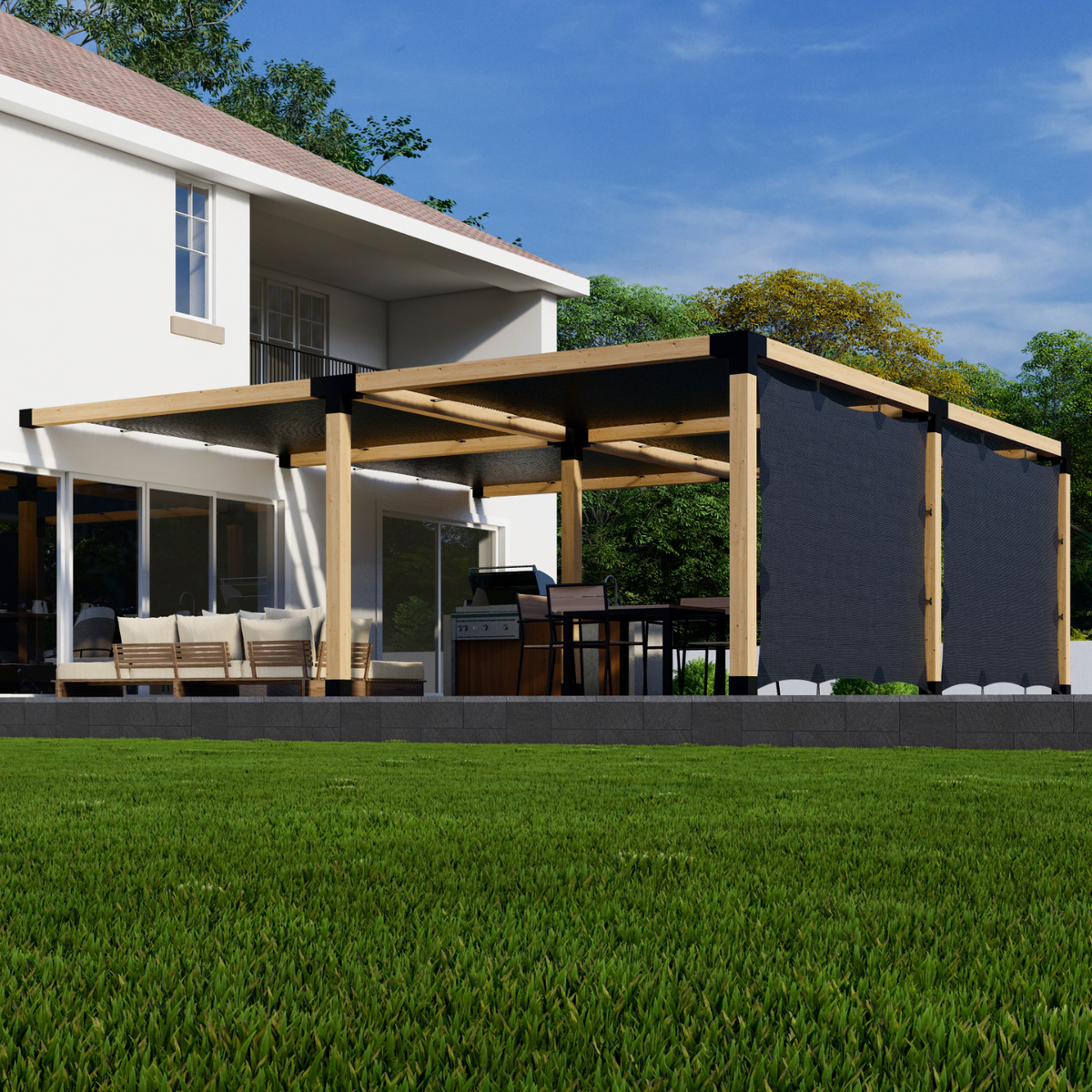 Kit combiné pergola couverte d’une toile / écrans de paroi d’intimité