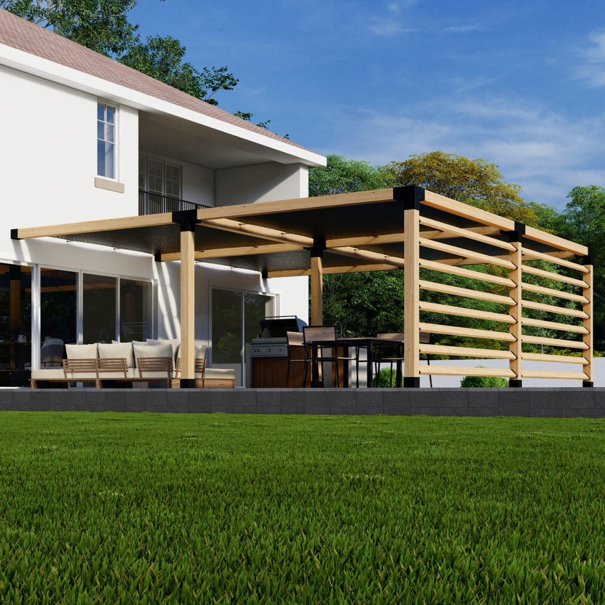 Kit pour grande pergola adossée à la maison avec toiles supérieures