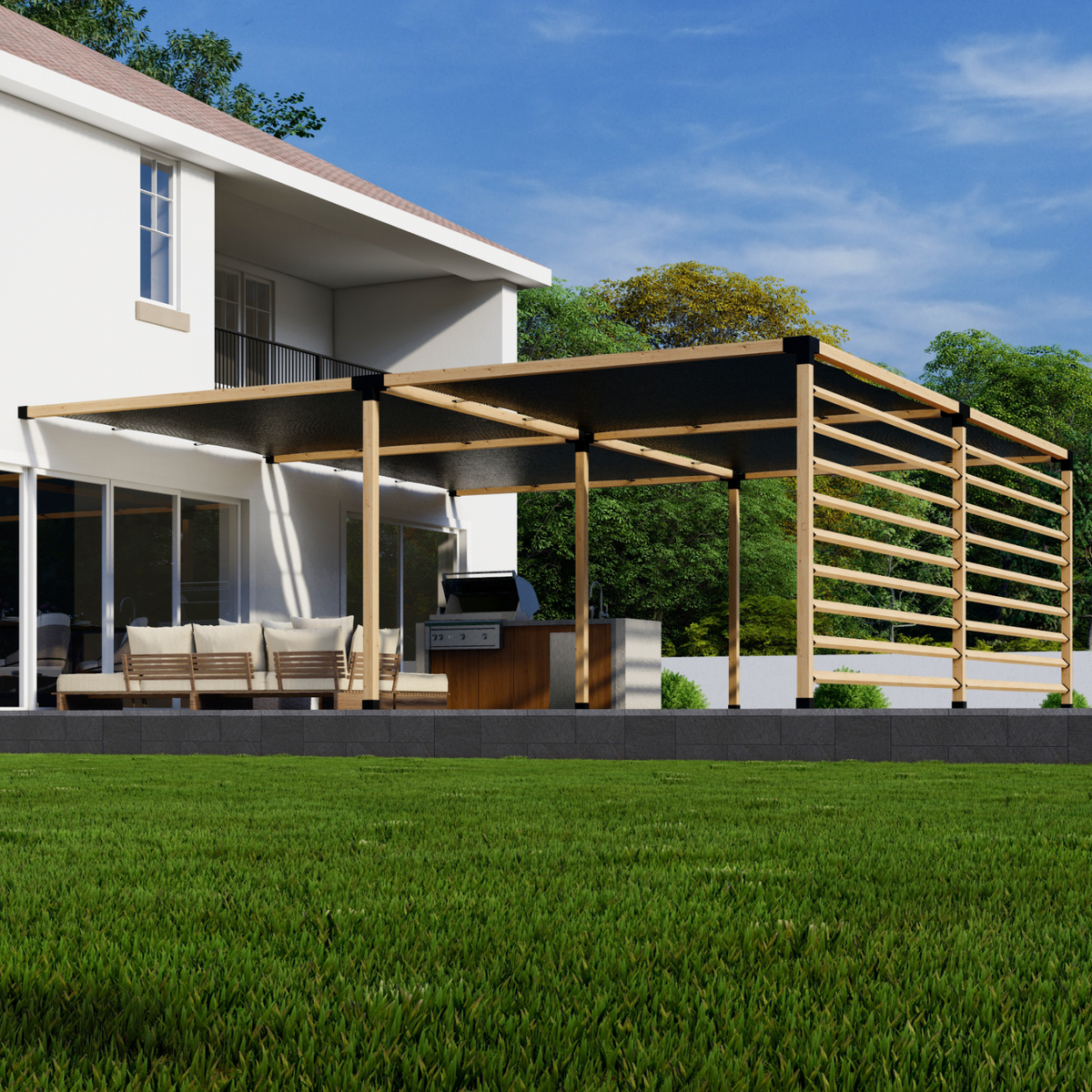 Kit pour pergola adossée avec toiles d’ombrage