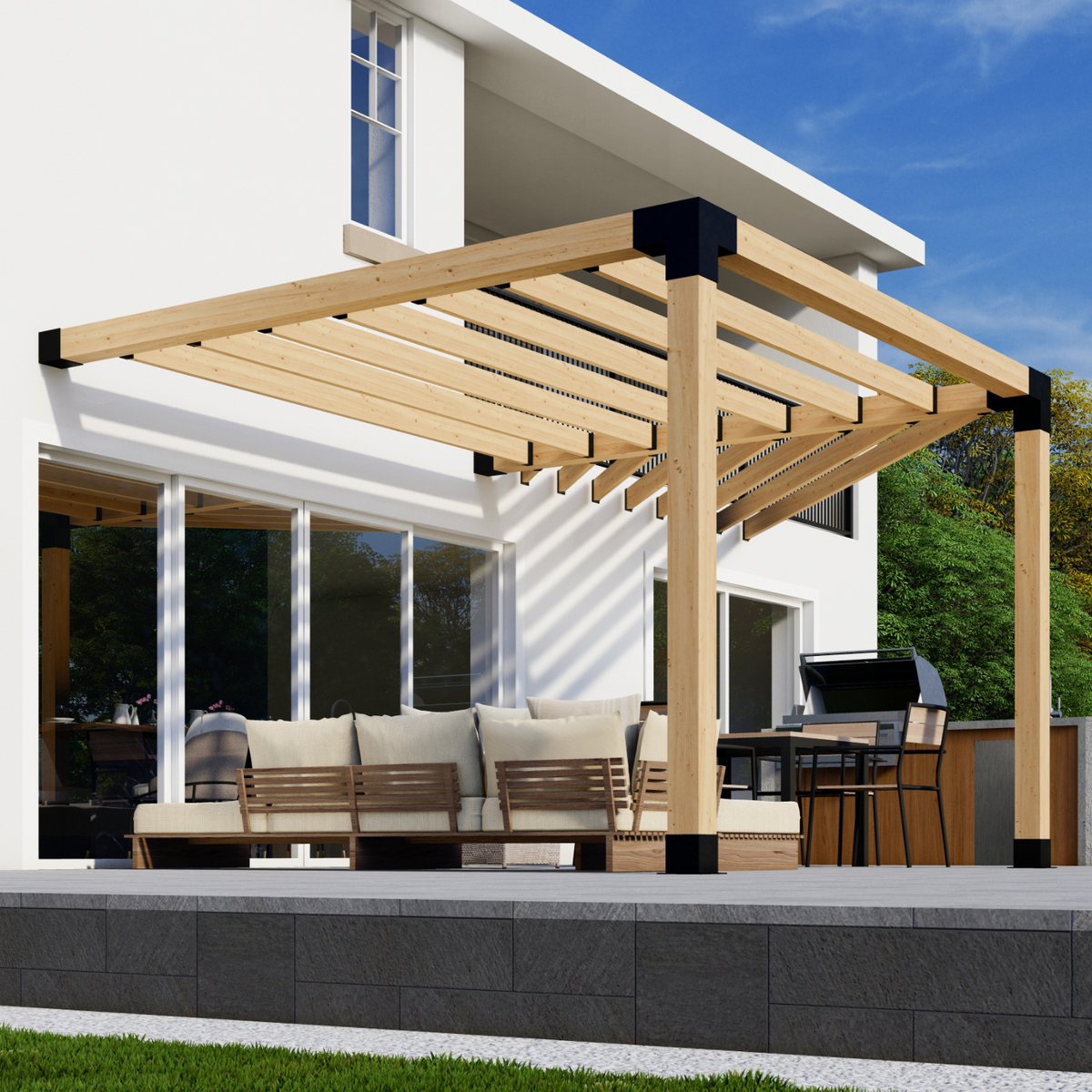 Kit pour pergola inclinée adossée à la maison