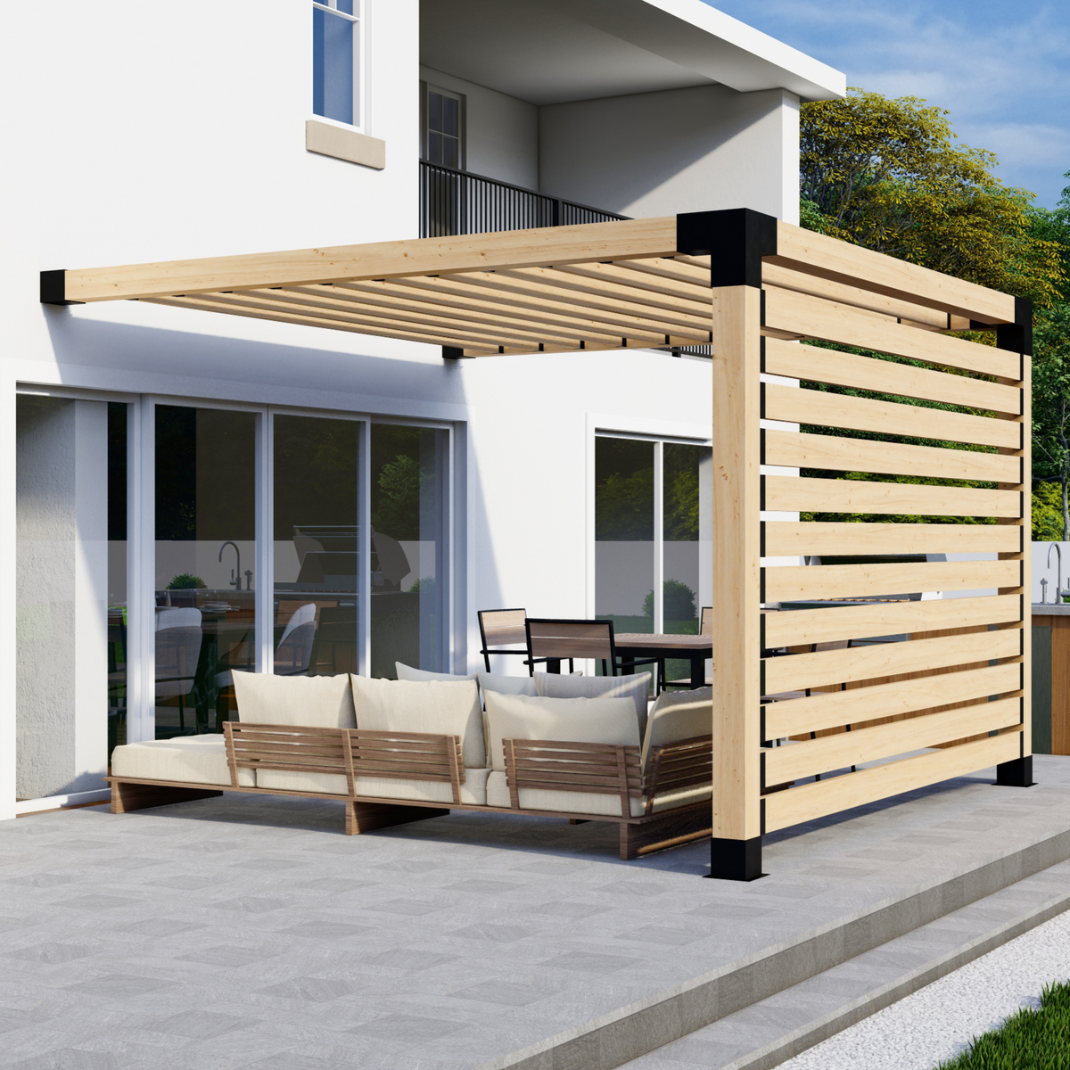 Kit de pergola adossée à 2 poteaux avec toit – Toute taille jusqu’à 12' x 12'