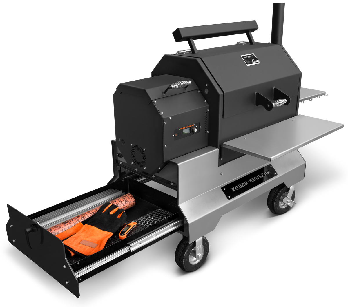 Yoder Smokers YS640s – Barbecue à granulés sur Competition Cart avec tiroir de rangement noir, kit de porte T-Stat et tablettes latérales inox