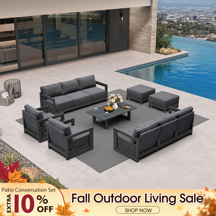 PURPLE LEAF Caesar – Ensemble salon de terrasse fermé avec coussins et oreillers gris et ottoman pour porche et jardin