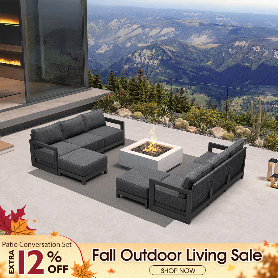 PURPLE LEAF Caesar – Ensemble salon de terrasse en L avec coussins et oreillers gris, canapé et ottoman pour jardin et porche