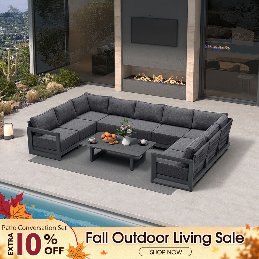 PURPLE LEAF Caesar – Ensemble salon de terrasse en U avec coussins et oreillers gris, canapé et ottoman