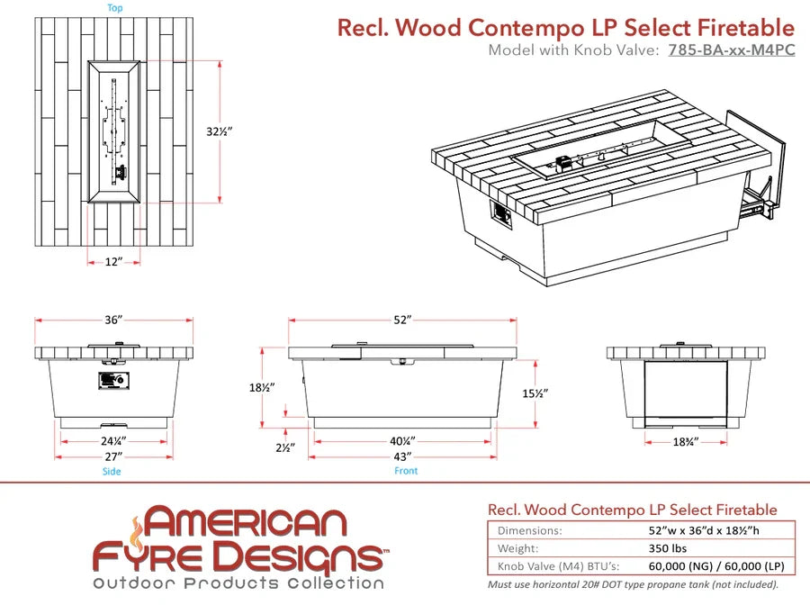 American Fyre Designs Contempo LP Select – Table brasero avec tiroir pour bouteille