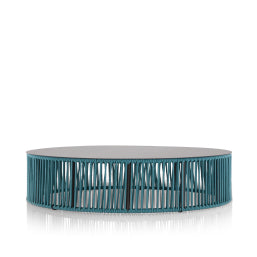 Skye – Table basse ronde, corde bleu sarcelle-gris