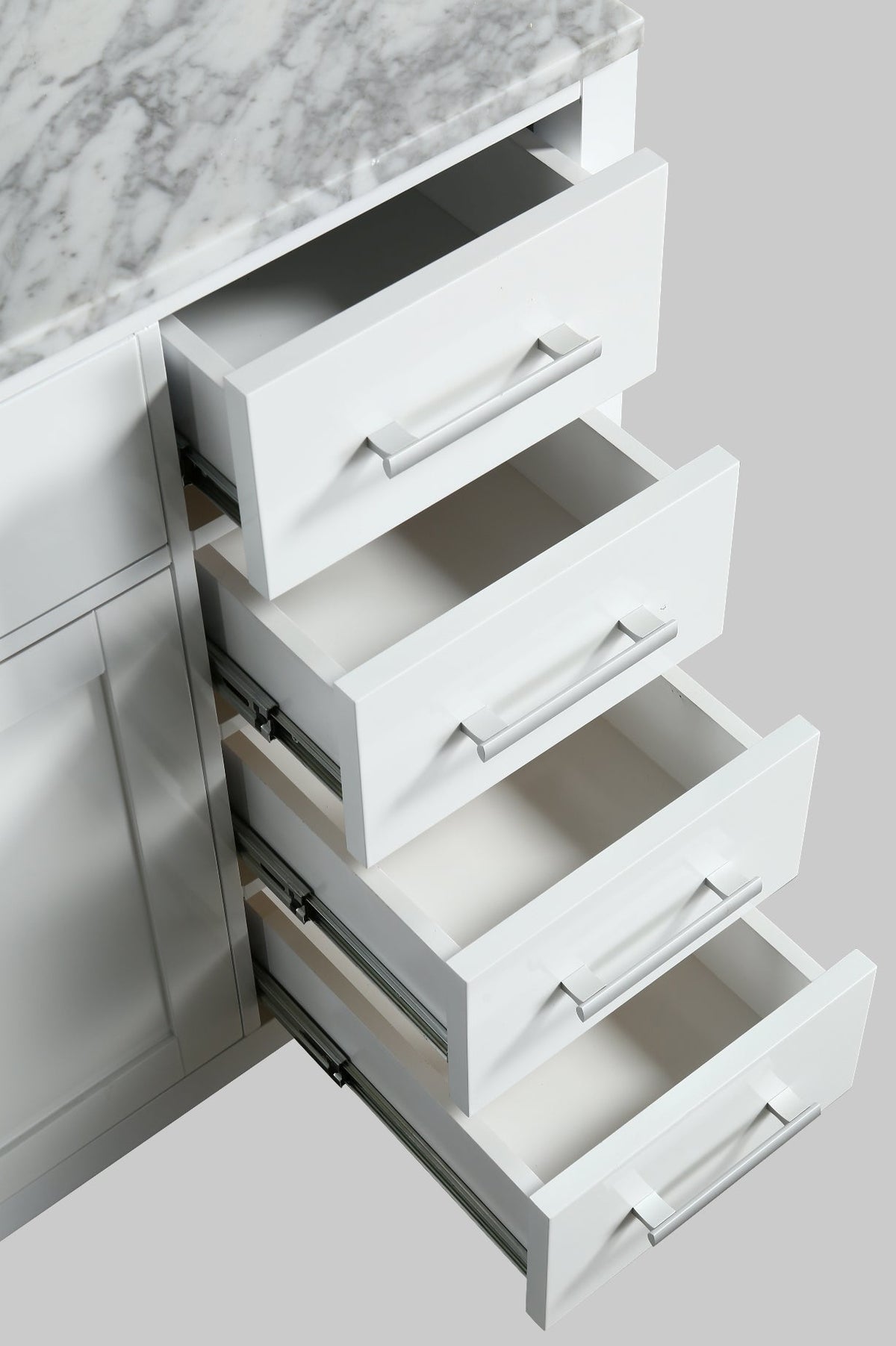 Meuble vasque simple London 54" blanc avec plan en marbre et miroir assorti