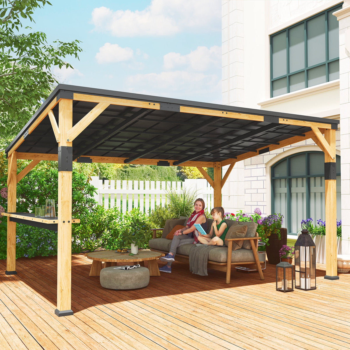 PerArbor 10' x 14' – Pavillon adossé en bois avec toit incliné en acier galvanisé et tablette de bar