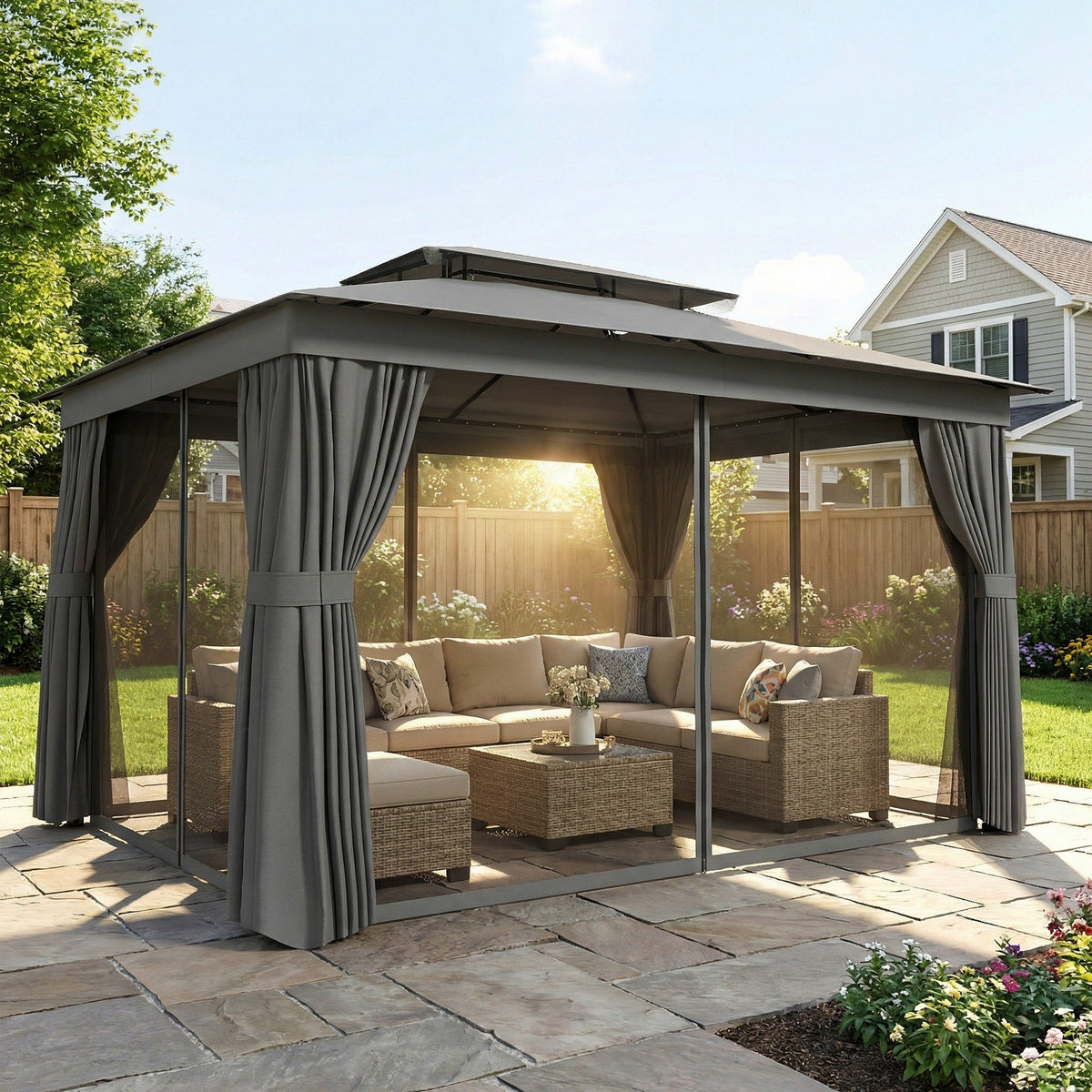 Pavillon extérieur 10' x 12.5' avec double toit, rideaux et moustiquaires, gris foncé