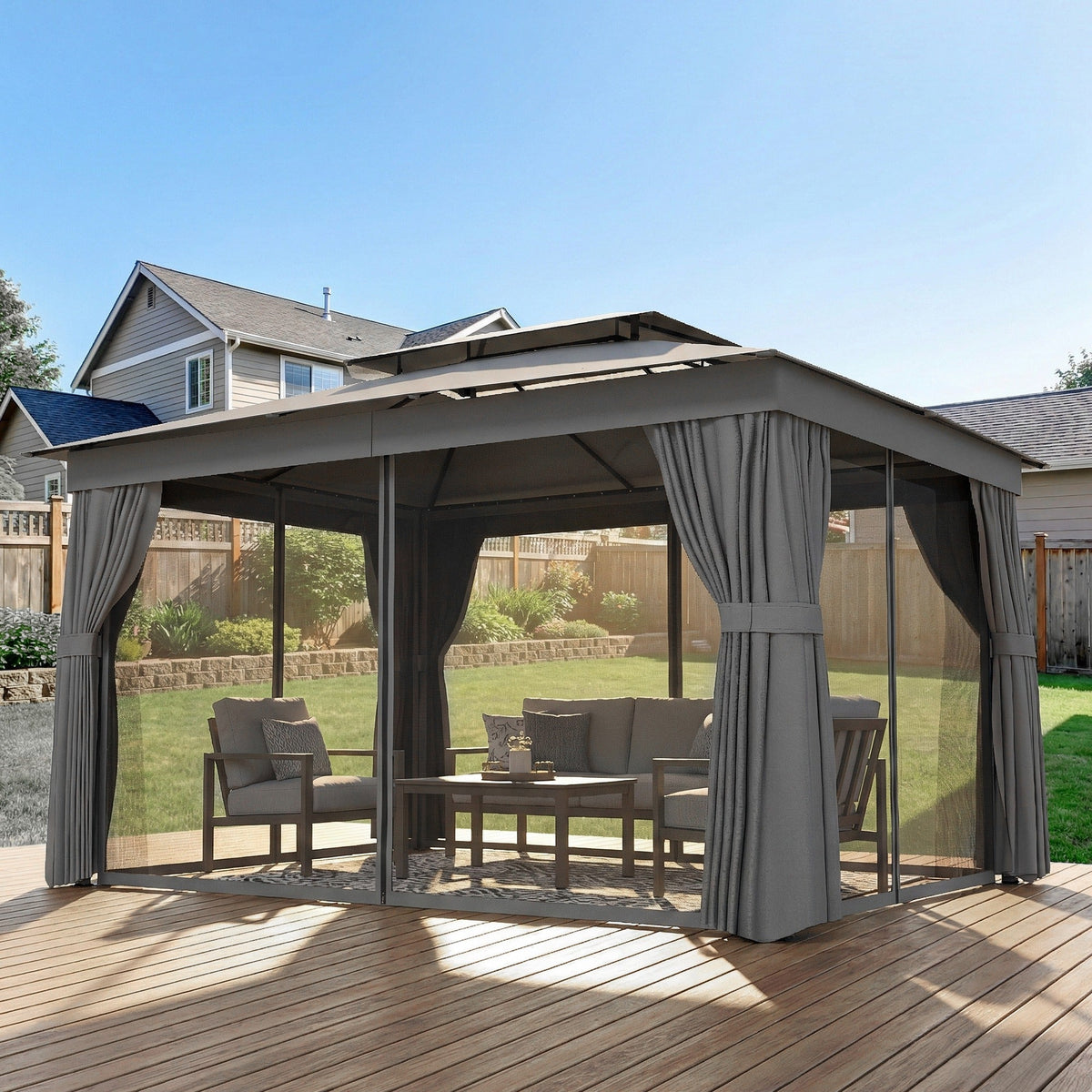 Pavillon extérieur 10' x 12.5' avec double toit, rideaux et moustiquaires, gris foncé