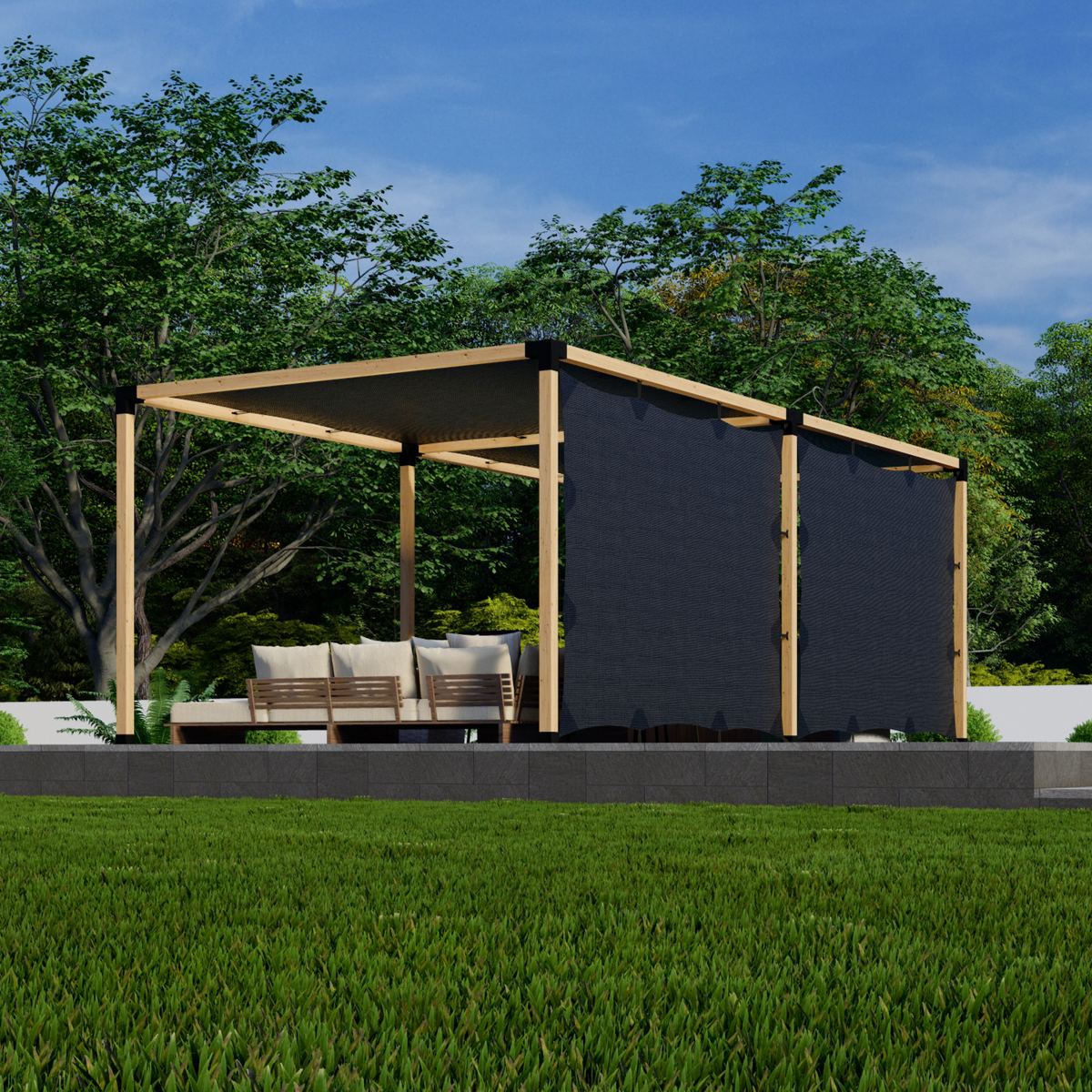 Kit de pergola avec écrans d’intimité sur la/les paroi(s)