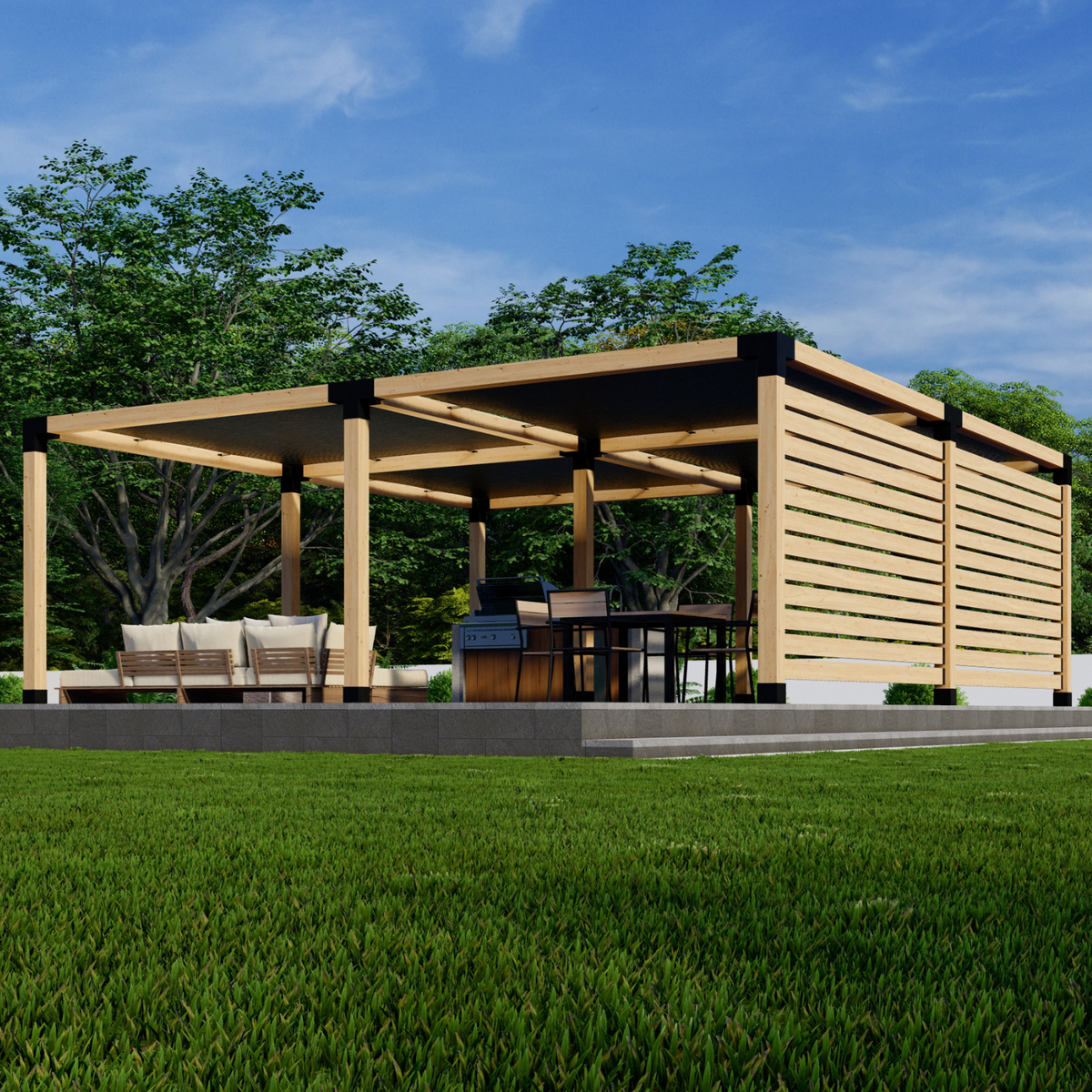 Kit de grande pergola couverte avec toiles d’ombrage