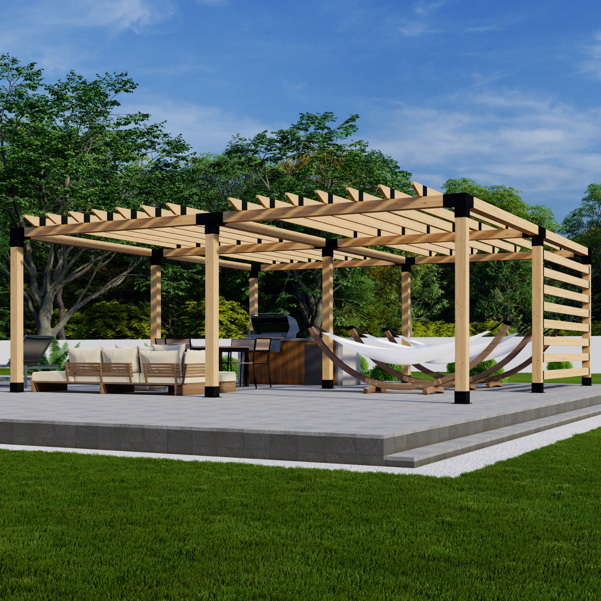 Kit avec supports métalliques pour poteaux, toit et paroi(s) de pergola