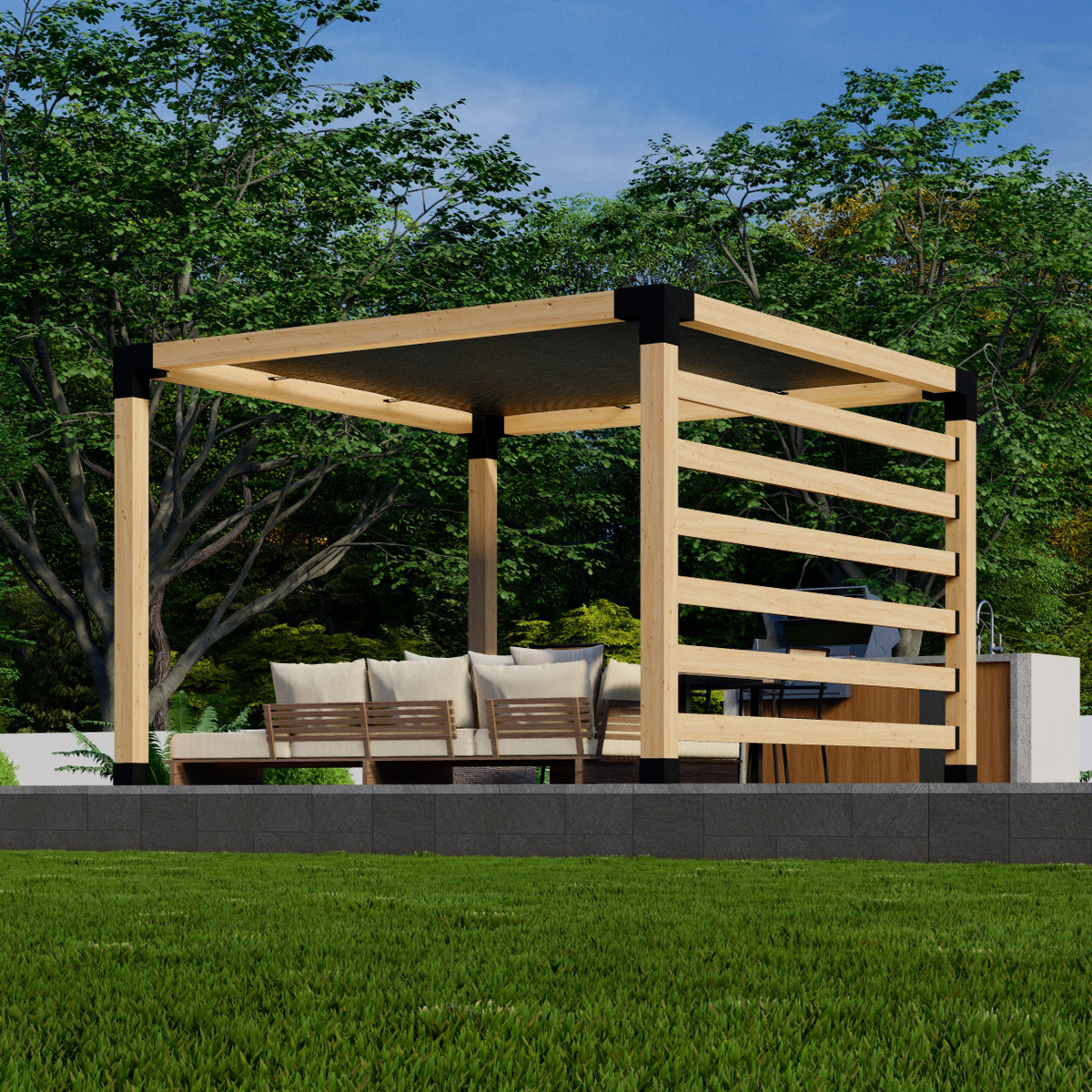 Kit pour pergola adossée ou autoportante avec toile d’ombrage
