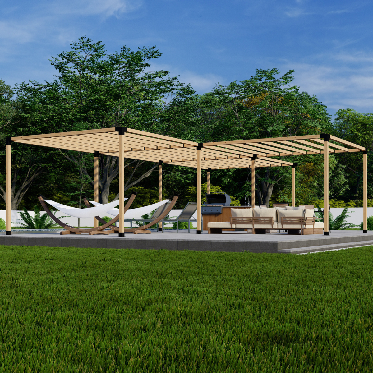 Kit de pergola en T jusqu’à 36' x 24' avec 4 modules disposés en forme de T