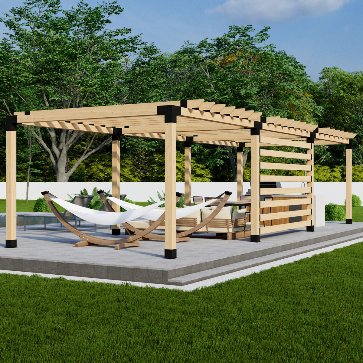 Kit pour construire une pergola autoportante au milieu du jardin