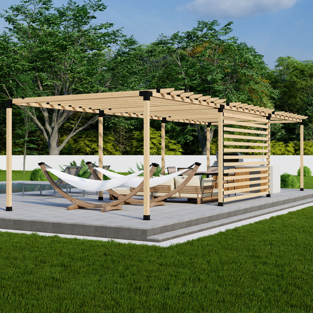 Kit pour construire une pergola en bois et métal avec toit et parois latérales