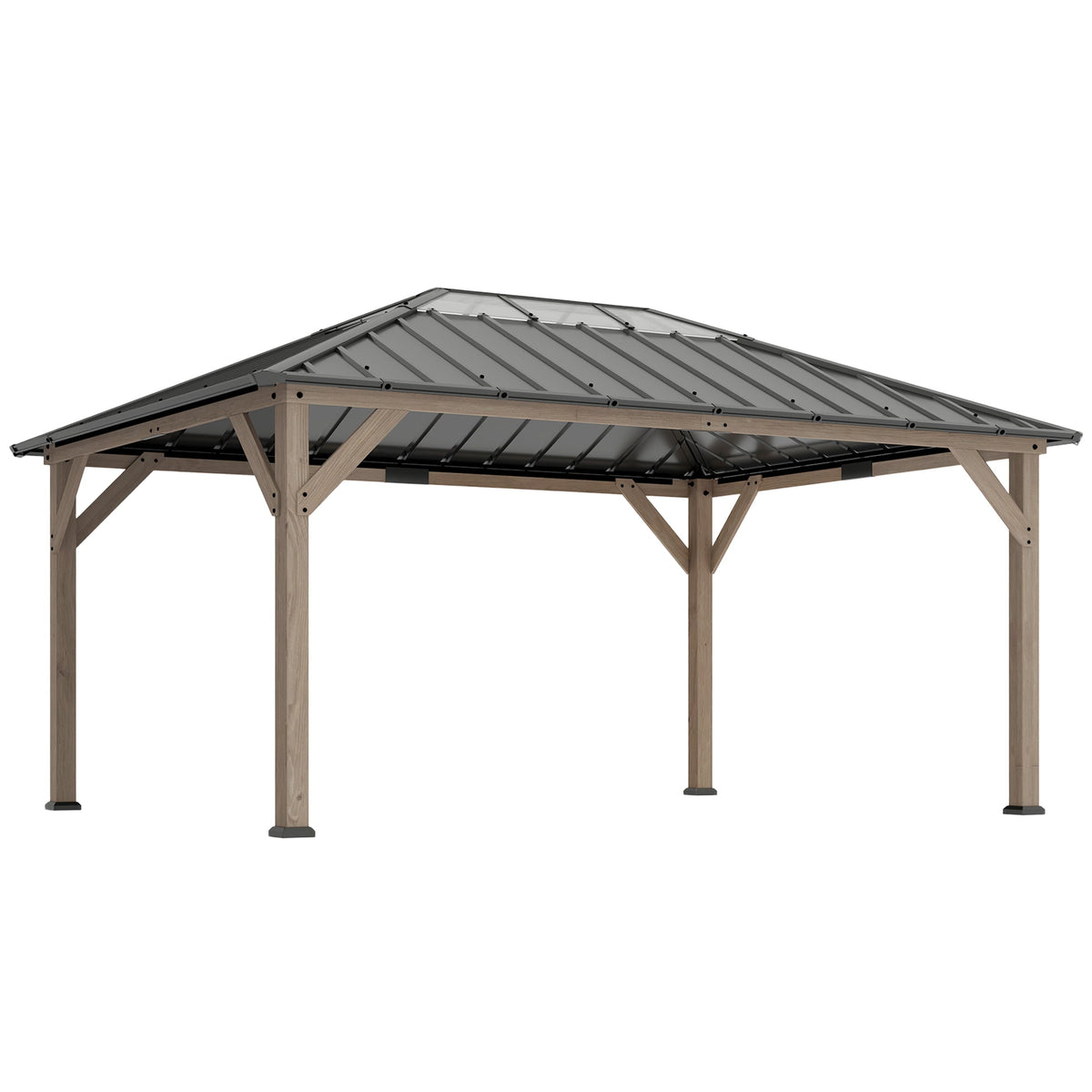 Pavillon à toit rigide en bois 12' x 16' avec toit transparent, Light Walnut