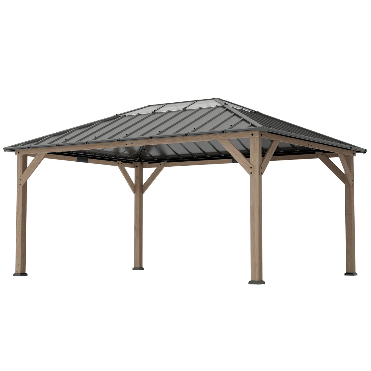 Pavillon à toit rigide en bois 12' x 16' avec toit transparent, Light Walnut