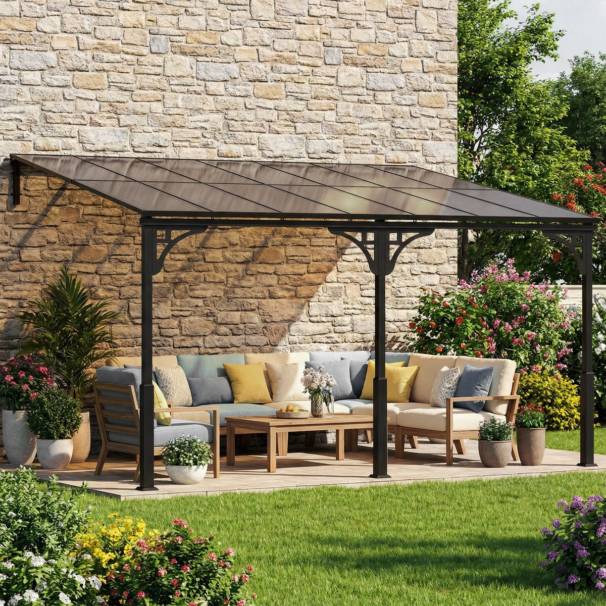 Pavillon adossé 13' x 10' avec toit en polycarbonate, marron