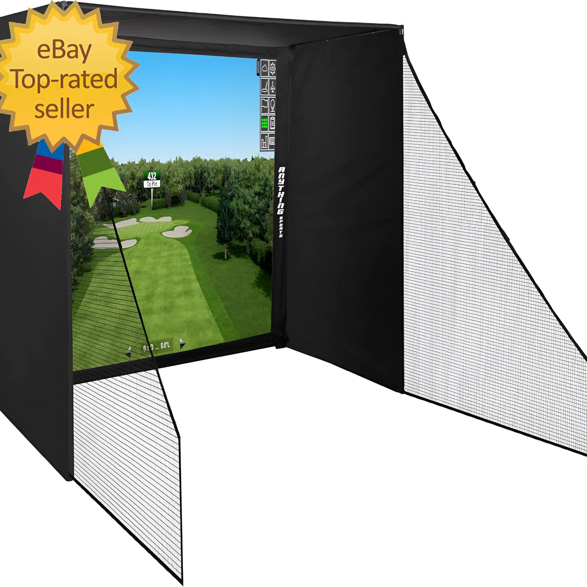 Enceinte pour simulateur de golf avec filet d’impact et tous les poteaux