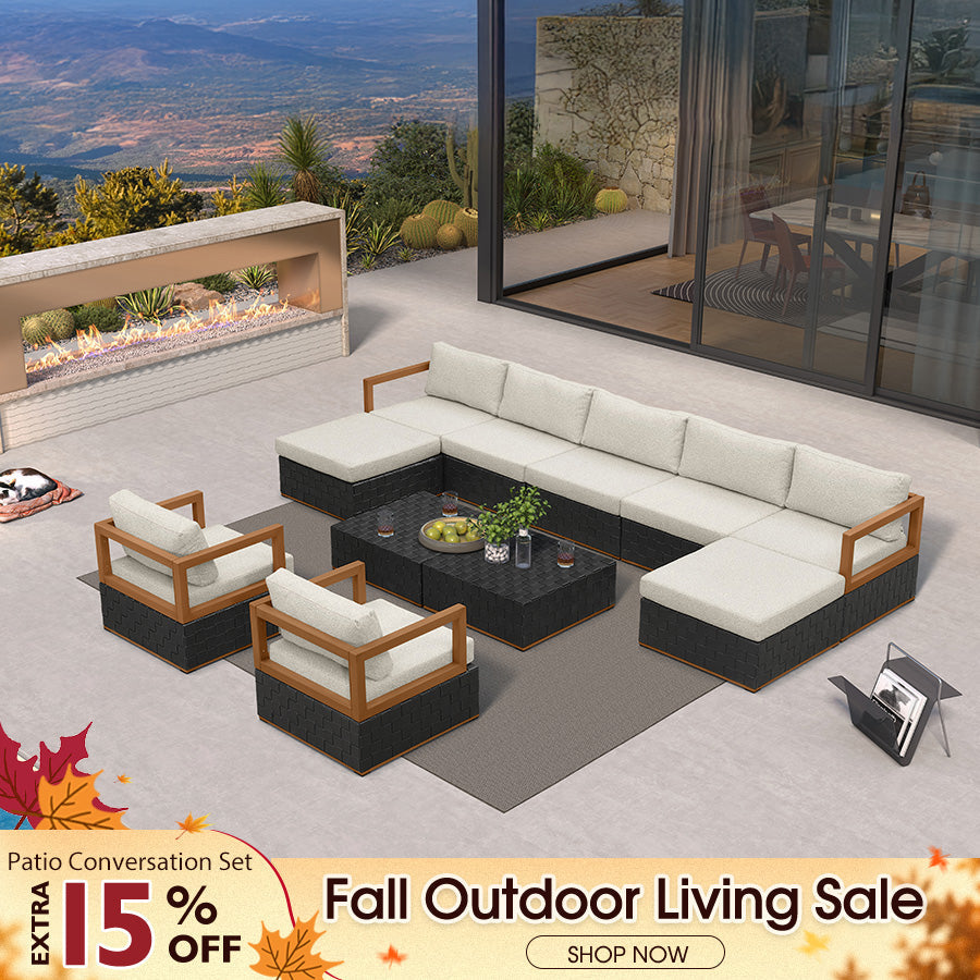 PURPLE LEAF Griffin Classical – Ensemble salon de terrasse noir avec coussins, oreillers, ottoman et cuir Premium