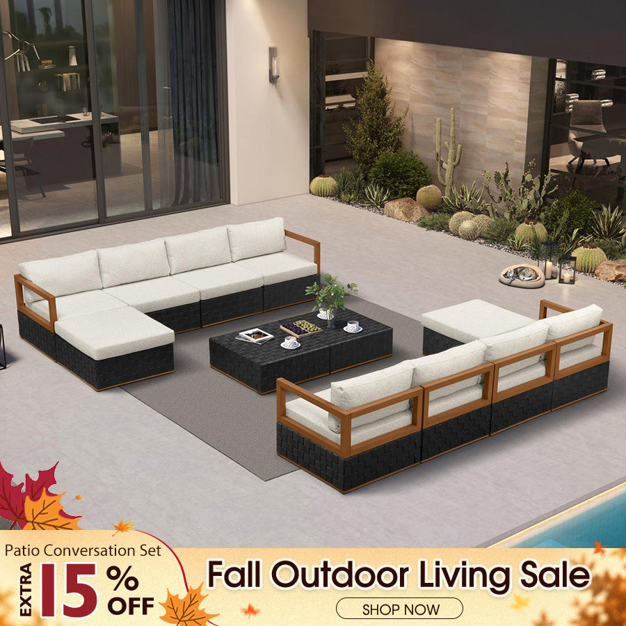 PURPLE LEAF Griffin – Ensemble salon de terrasse symétrique noir avec coussins, oreillers, ottoman et cuir Premium