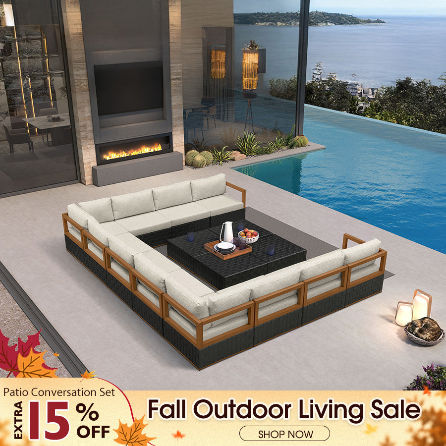 PURPLE LEAF Griffin – Ensemble salon de terrasse en U noir avec coussins, oreillers, ottoman et cuir Premium