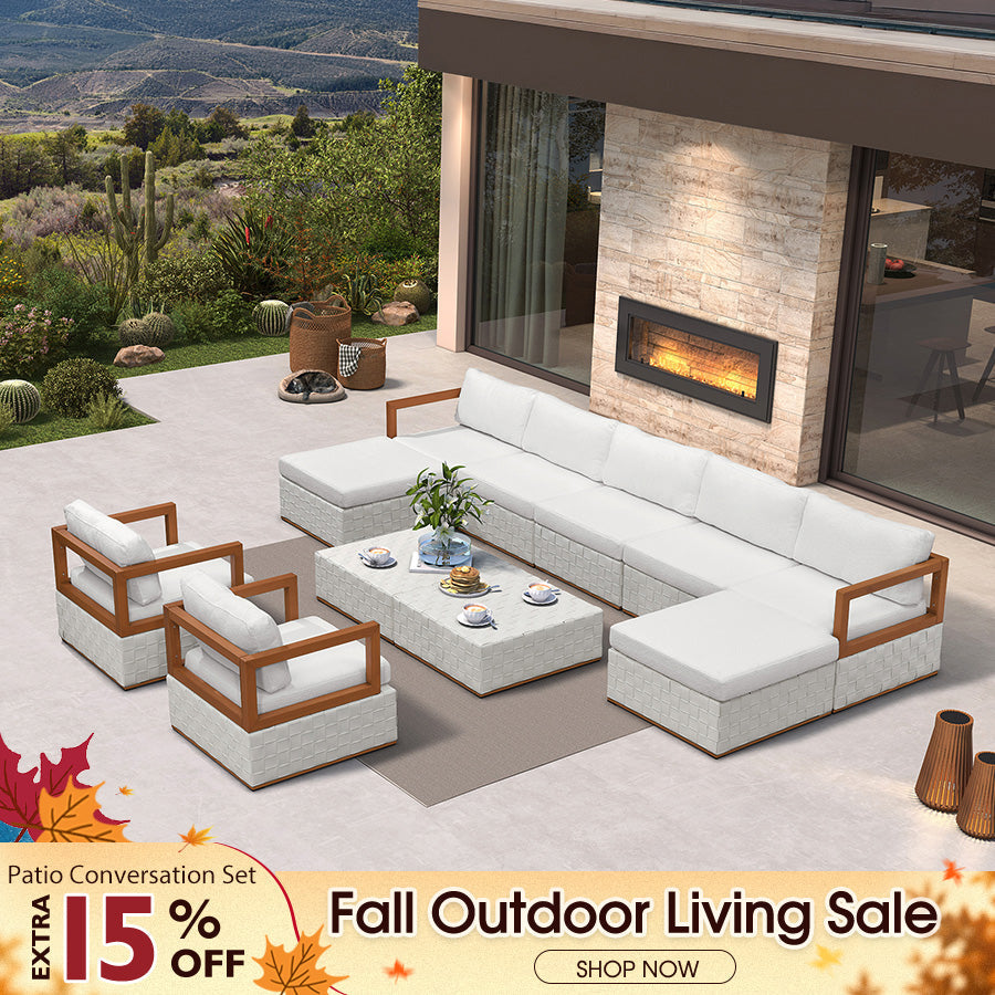 PURPLE LEAF Griffin Classical – Ensemble salon de terrasse blanc avec coussins, oreillers, ottoman et cuir Premium