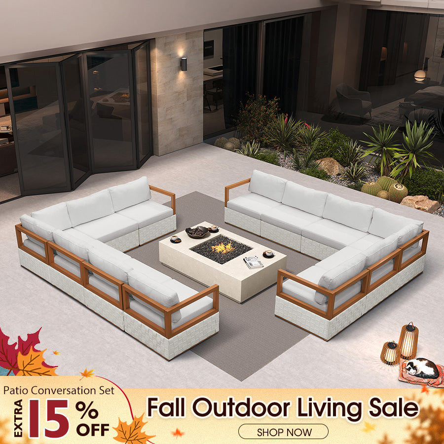 PURPLE LEAF Griffin – Ensemble salon de terrasse en L blanc avec coussins, oreillers, ottoman et cuir Premium pour terrasse et balcon
