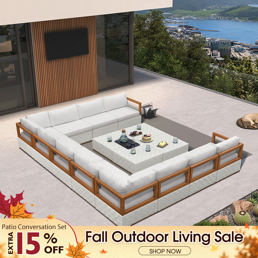 PURPLE LEAF Griffin – Ensemble salon de terrasse en U blanc avec coussins, oreillers, ottoman et cuir Premium