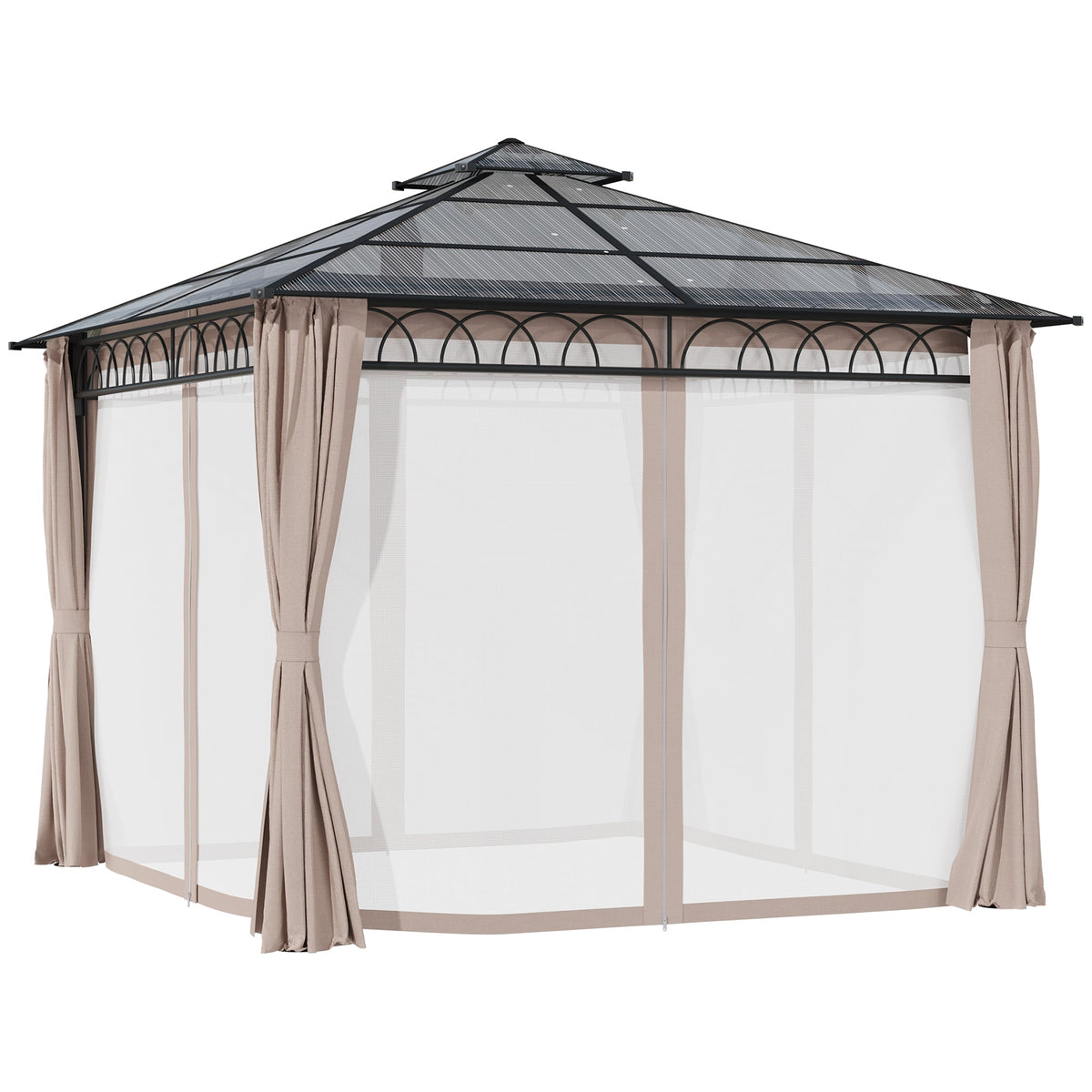 Pavillon à toit rigide en polycarbonate 3 x 3m avec rideaux et moustiquaires, kaki