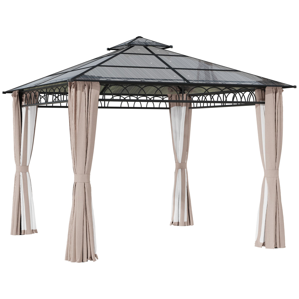 Pavillon à toit rigide en polycarbonate 3 x 3m avec rideaux et moustiquaires, kaki