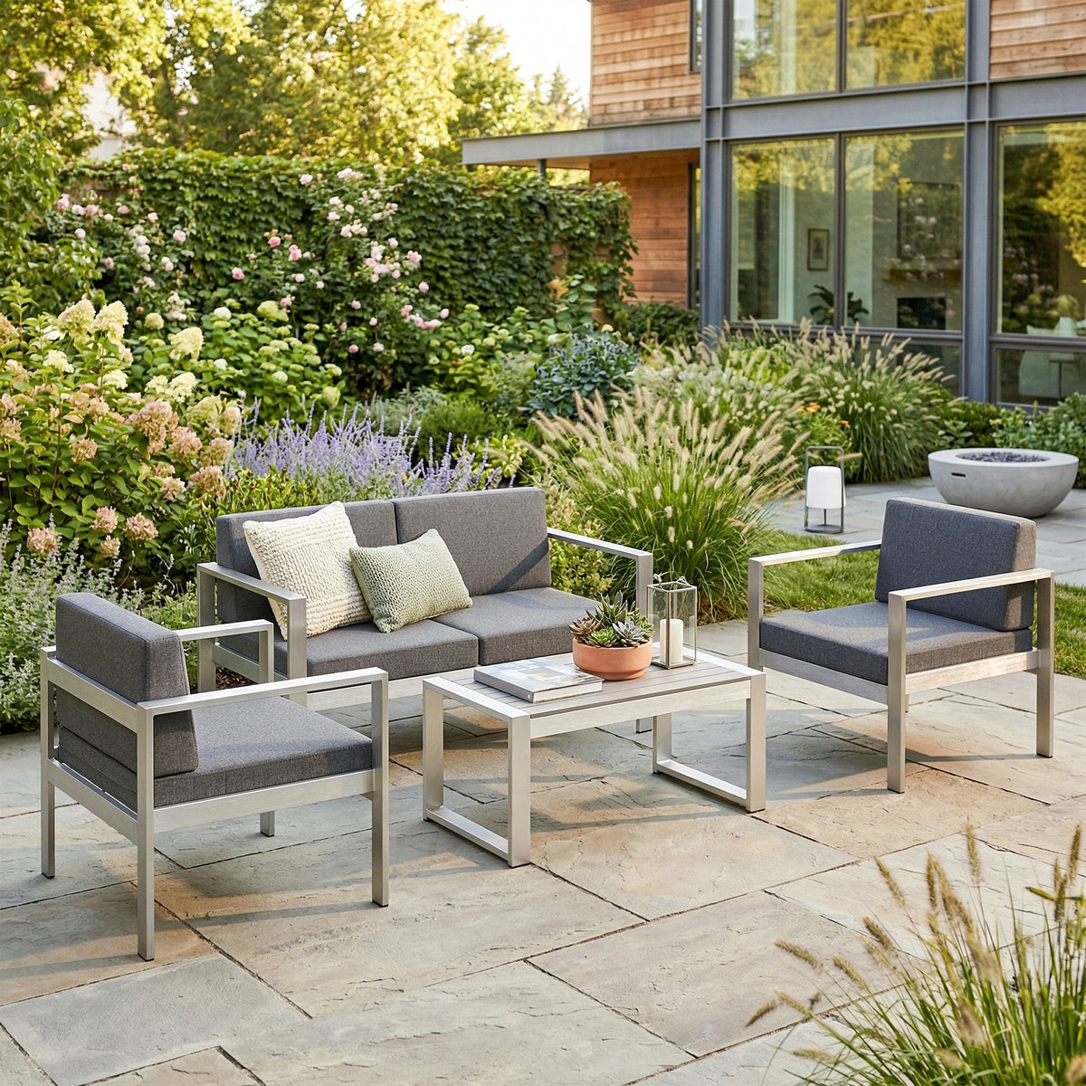 Ensemble canapé en aluminium 4 places avec table aspect bois et coussins en oléfine, gris foncé