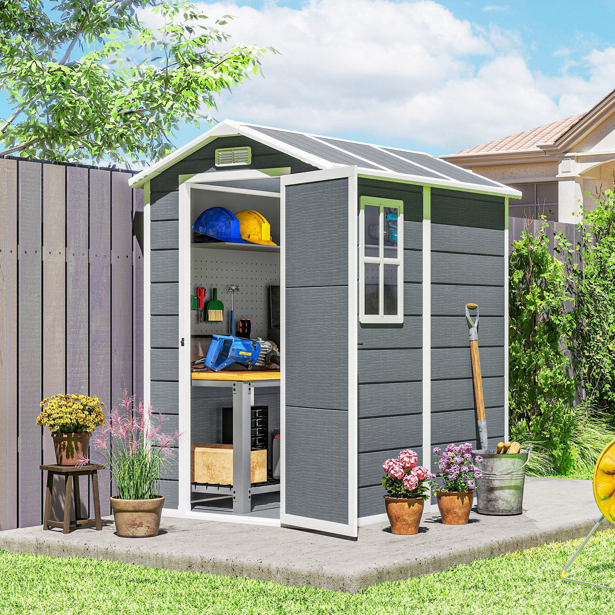 Abri de rangement extérieur 6' x 4' avec plancher et porte verrouillable, gris