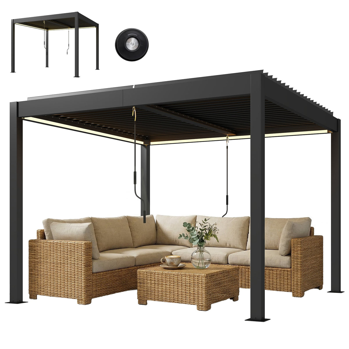 Pergola à lames orientables 3 x 3 m gris foncé avec toit réglable, éclairage LED et télécommande