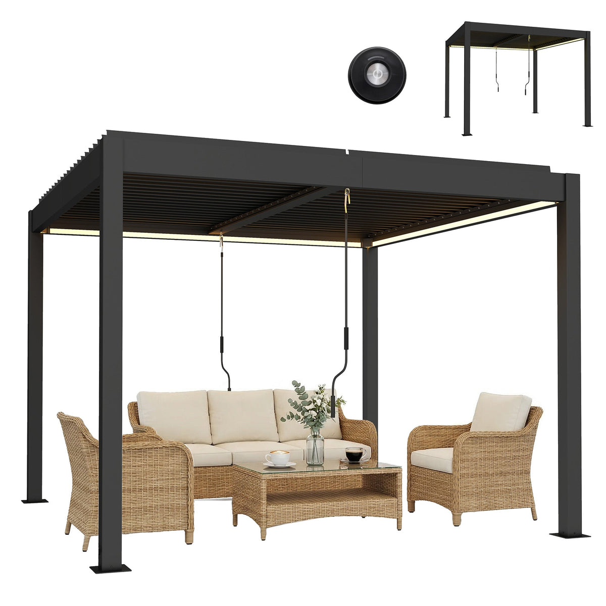Pergola à lames orientables 3 x 3 m gris foncé avec toit réglable, éclairage LED et télécommande