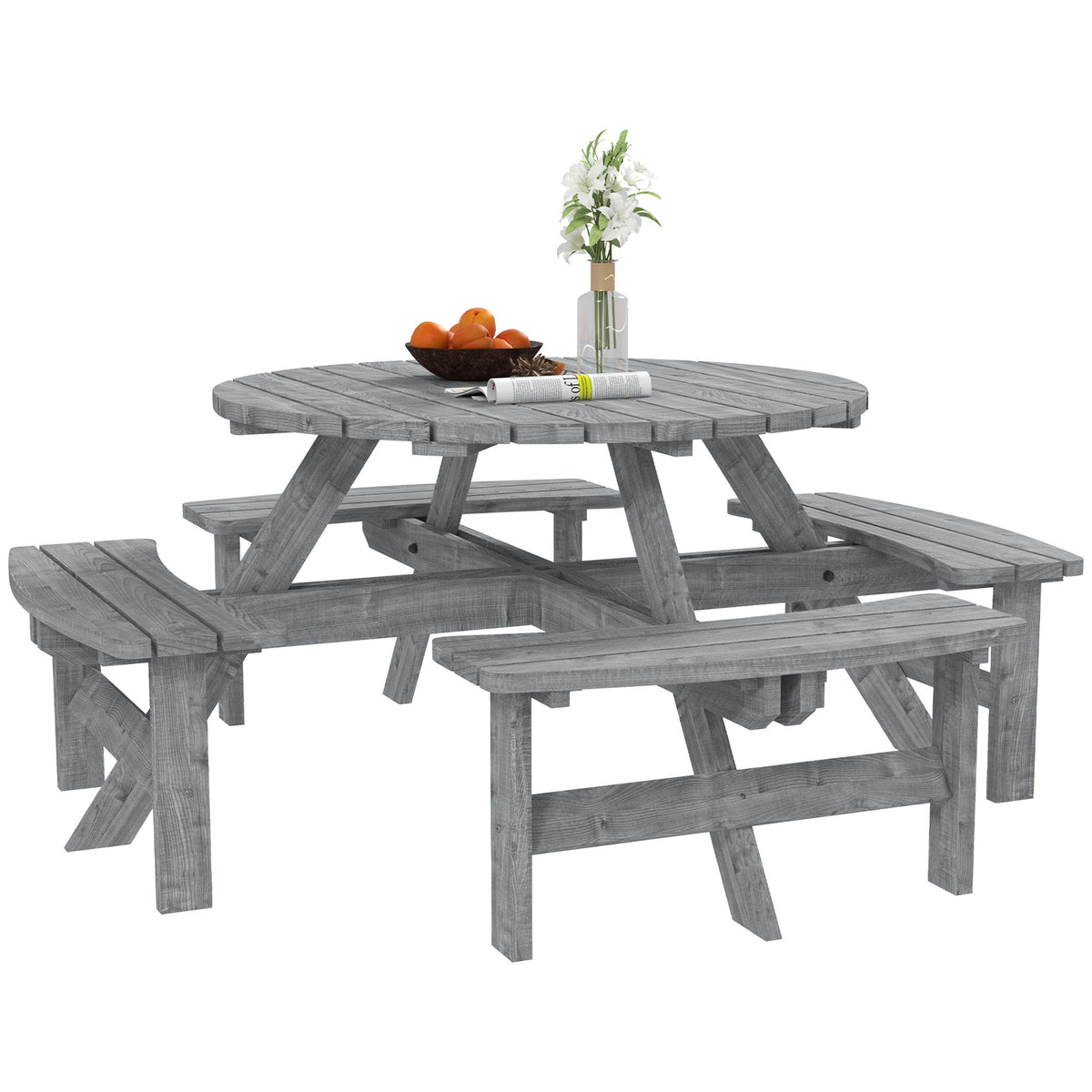 Ensemble repas de terrasse en bois pour 8 avec table ronde et 4 bancs, gris