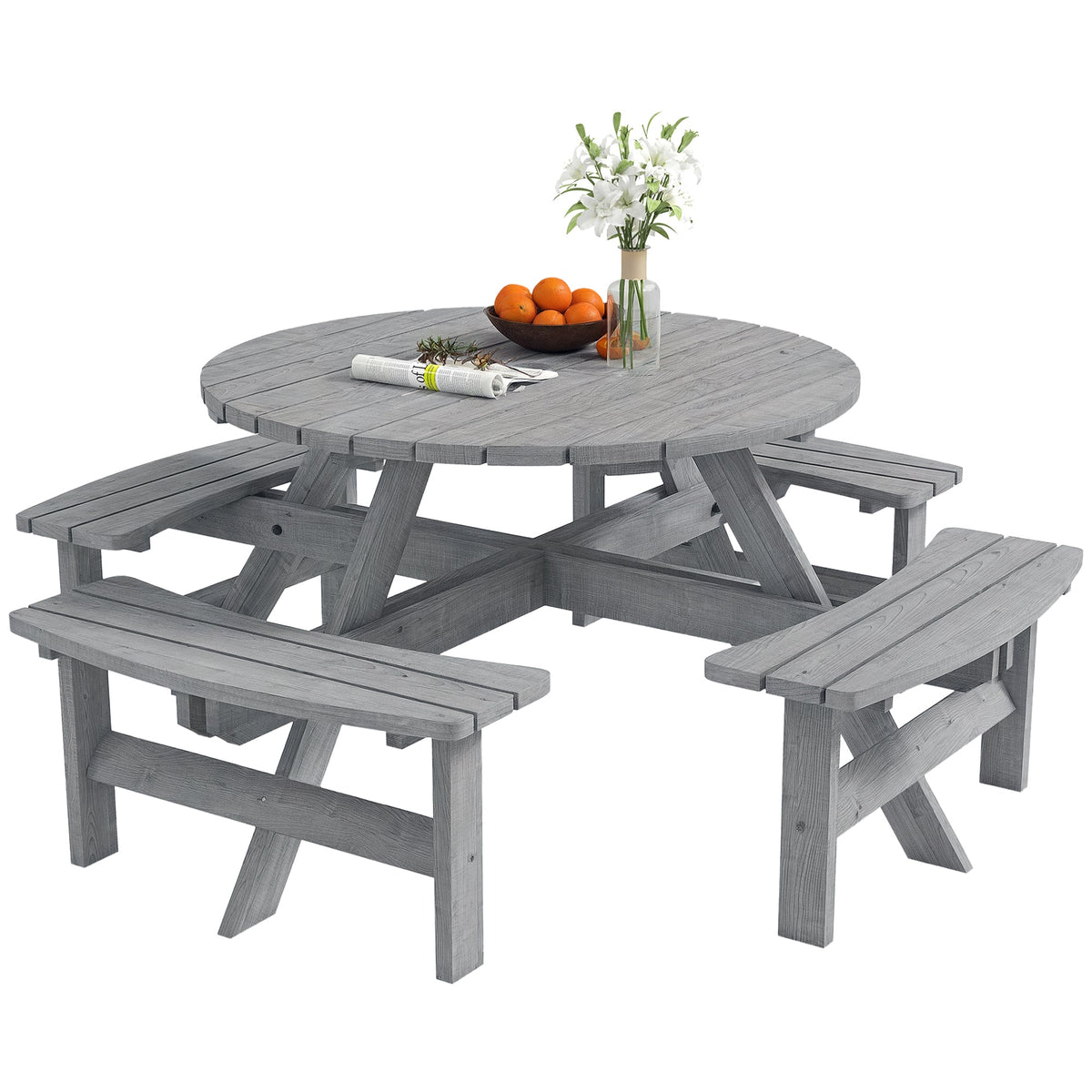 Ensemble repas de terrasse en bois pour 8 avec table ronde et 4 bancs, gris