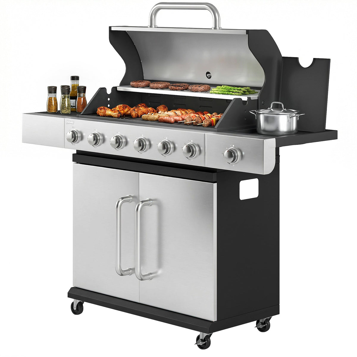 Barbecue au propane 6 brûleurs avec brûleur latéral, 63,000 BTU, grille de maintien au chaud et meuble