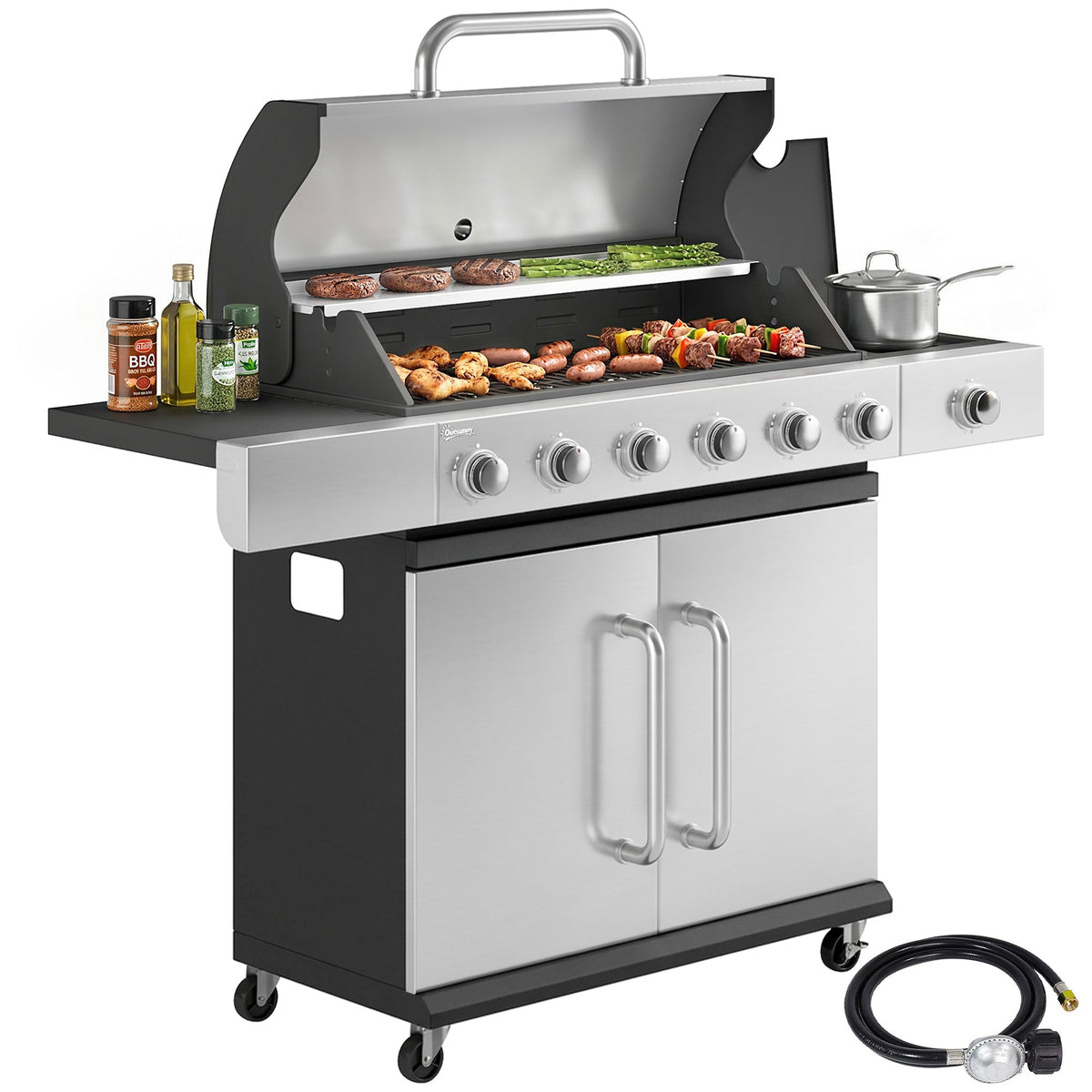 Barbecue au propane 6 brûleurs avec brûleur latéral, 63,000 BTU, grille de maintien au chaud et meuble