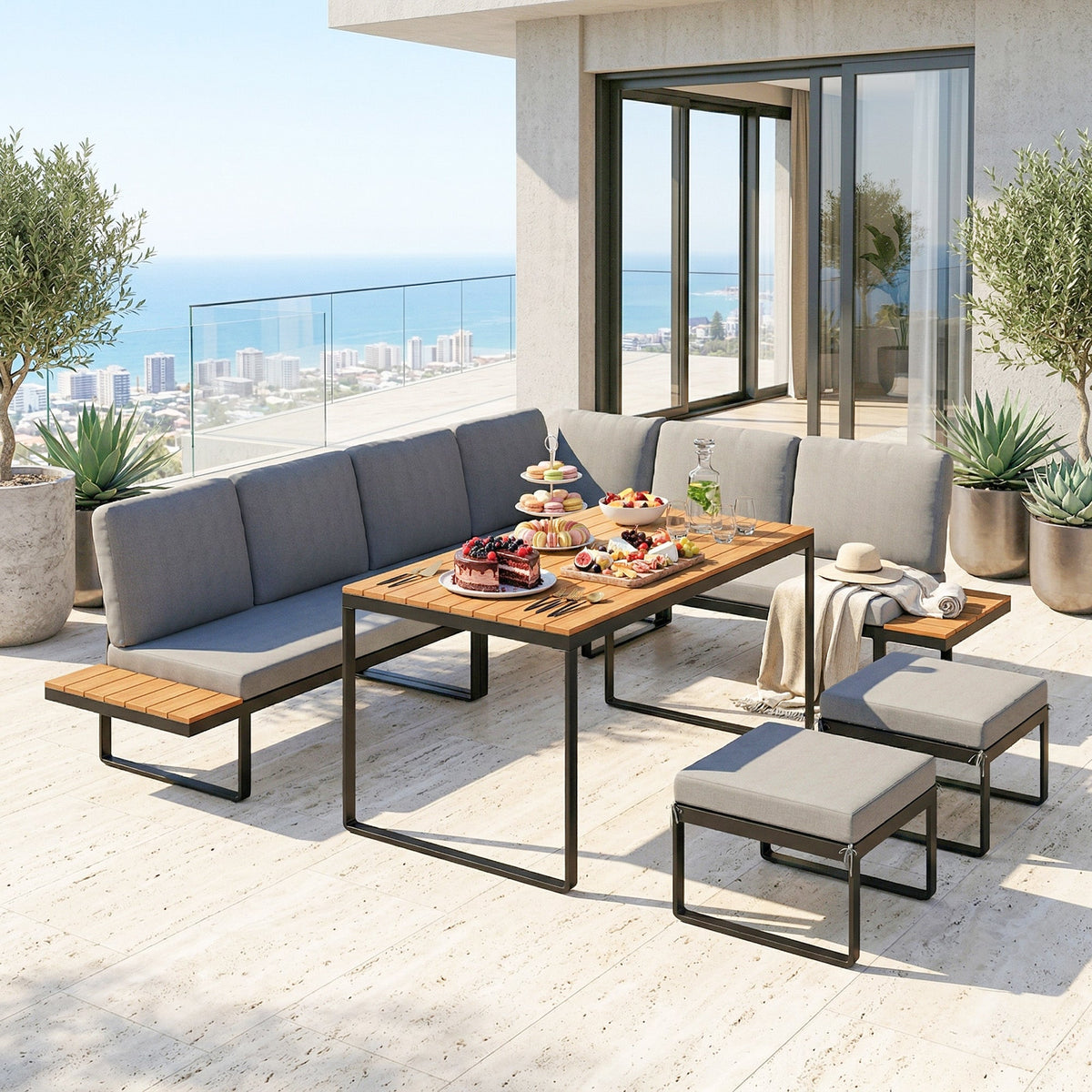 FlexNook – Ensemble canapé d’angle 6 pièces pour 6-8 personnes, structure en aluminium avec coussins, gris
